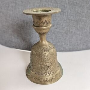 Vintage Heavy Brass Sarna India Candle Holder Boho Style Floral Etched Bell